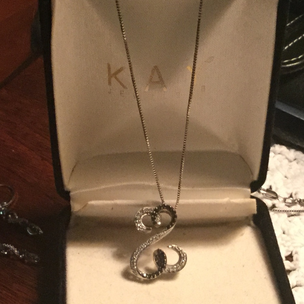 Black and white diamond pendant, sterling necklace